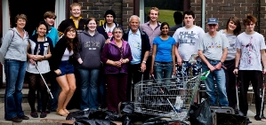 Students and residents at the litter pick