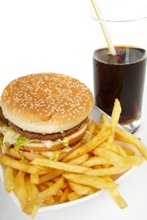 burger, chips and fizzy drink