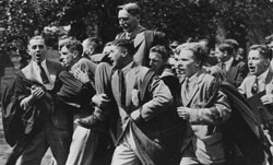 Students carried William Childs aloft as he became the first Vice-Chancellor of the University of Reading