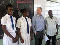 Students from the Immaculate Conception Preparatory School in Jamaica with the University of Reading's Dr Geoff Tennant,and the School's maths teacher