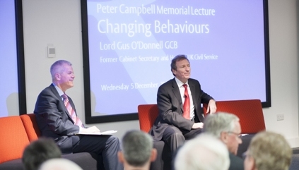 Lord Gus O'Donnell and Sir David Bell during questions at the Peter Campbell Memorial Lecture