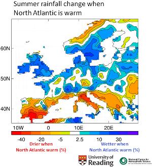 Map showing the pattern of changes in summer rainfall that occurred in the 1990s when the North Atlantic Ocean warmed rapidly (see notes to editors)