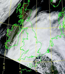 Terra satellite image from 12.30pm BST on 29 April 2012 showing cloud mass that gave 17.6 mm of rain at the University in 24 hours. Image is courtesy of NASA/NOAA/Goddard Space Flight Center
