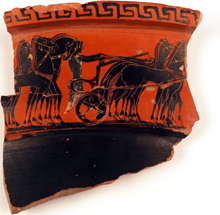 fragment of an Ancient Greek vessel decorated with a scene of horse chariots