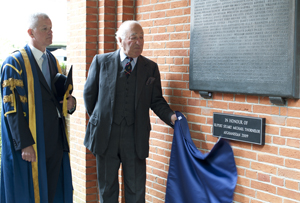 University of Reading Vice-Chancellor Sir David Bell with Major John Thorneloe unveiling the memorial to the late Lieutenant-Colonel Rupert Thorneloe MBE