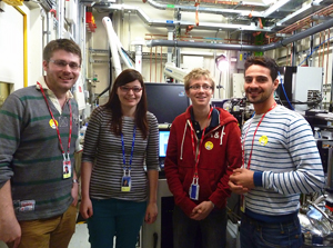 Joshua with a group of Professor Colquhoun's PhD students during a working visit to the Diamond X-ray Facility at Harwell. Left to right - Matt Parker, Claire Murray, Joshua Sauer and Federico La Terra