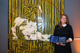 Tina Jenkins alongside her prize-winning piece 'Bed Head'