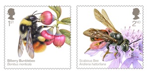 Two of the new Royal Mail stamps featuring bees