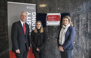 •	Opening of Edith Morley Building. Left to Right, Sir David Bell (VC of University of Reading), Penny Mordaunt MP, Chloe Wilson (former Women's Officer of RUSU - who campaigned for the renaming)