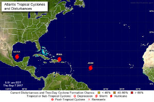 US National Weather Service forecast map shows Hurricanes Katia, Irma and Jose