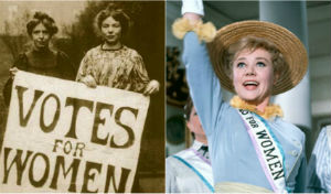 The violent protests by the Suffragettes (L) contrast with the softer image of Mrs Banks in Mary Poppins (R)