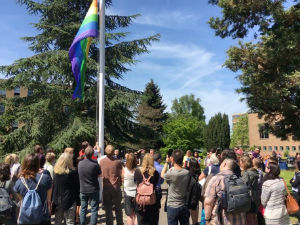 A rainbow flag is raised at the University of Reading for IDAHoBiT