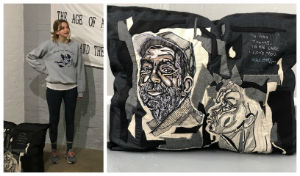 Amy Richardson and one of her embroidered cushions telling her uncle's story of homelessness