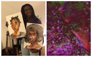 Khadija Niang with her 'It's Not Just Hair' paintings (L), and image from Natalie Sired's BEEFCAKE exhibition(R)