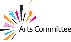 Arts Committee logo, fan shaep of varying colours and black lettering to white background