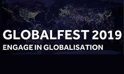Globalfest logo, white lettering to background image of world at night