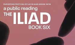 Public reading of Iliad logo, black and white lettering to dark pink background