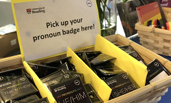 colour photograph of University of Reading pronoun badges
