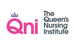 Queen's Nursing Institute logo, oink and purple and black lettering to white background