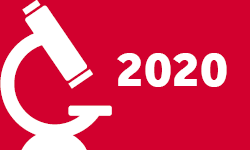 Research 2020 logo white microscope and numbers to red background