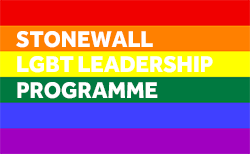 Stonewall leadership programme logo, white lettering to rainbow flag background