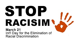 International Day for the Elimination of Racial Discrimination logo, orange palm print and black lettering to white background