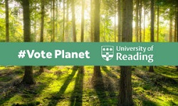 Vote planet logo, white letterign to green banner with backgroud colour photograph of forest