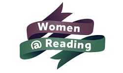 Women at Reading logo, purple and green ribbon to white background
