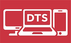 DTS logo, white lettering to red background