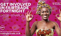 Fairtrade fortnight advert, coloue photo of woman to purple background