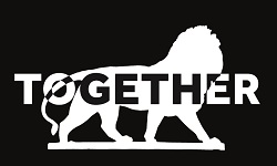 Graphic showing Forbury Gardens lion, white to back background. Together in lternating black and white lettering