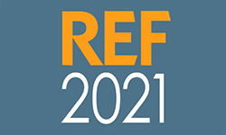 Research excellence framework 2021 logo, yellow and white lettering to grey background