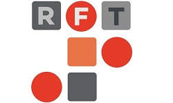 reading film theatre logo, grey and orange circles and lettering to white background